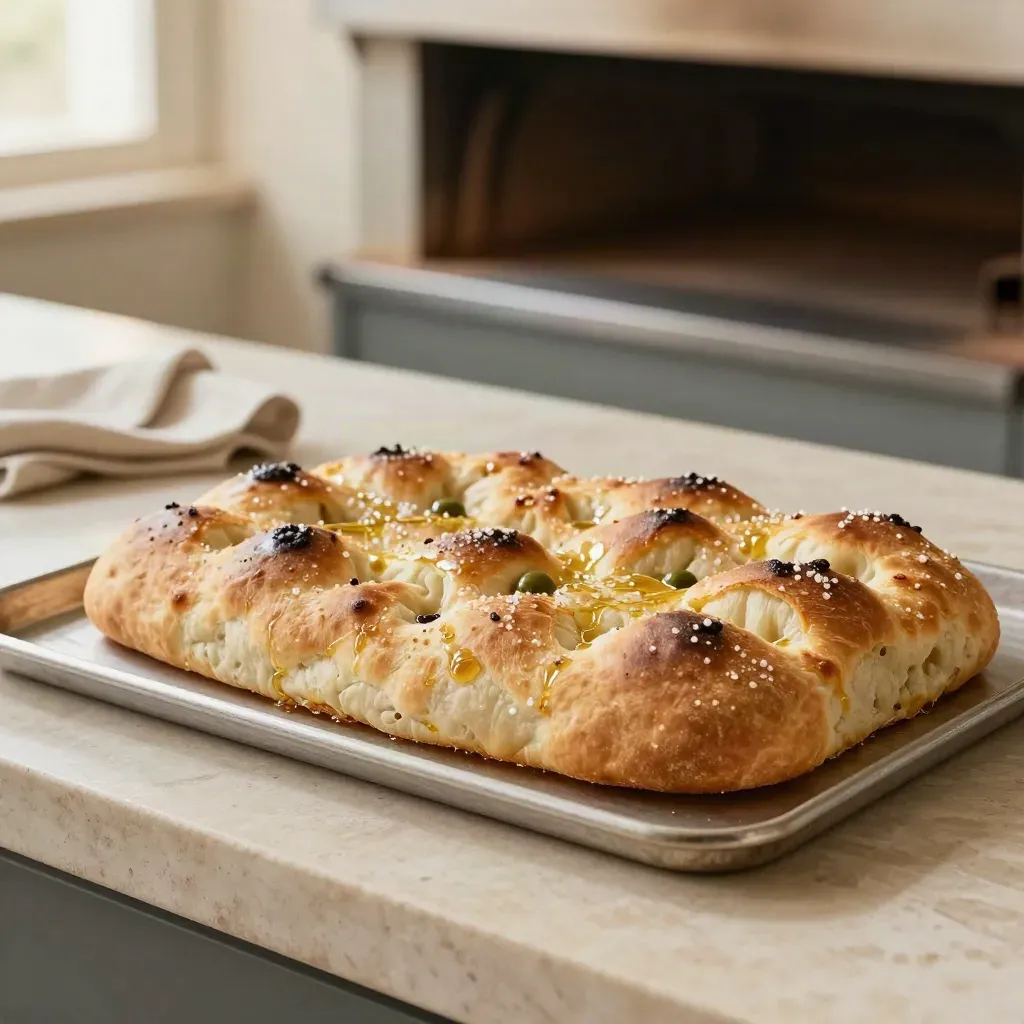 Teglia di focaccia lucida d’olio appena sfornata, su ledge di pietra, in luce calda.