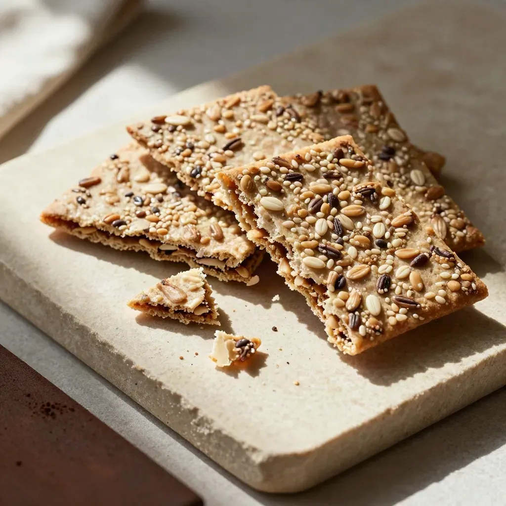 Cracker ai cereali spezzati su pietra chiara con briciole e luce calda