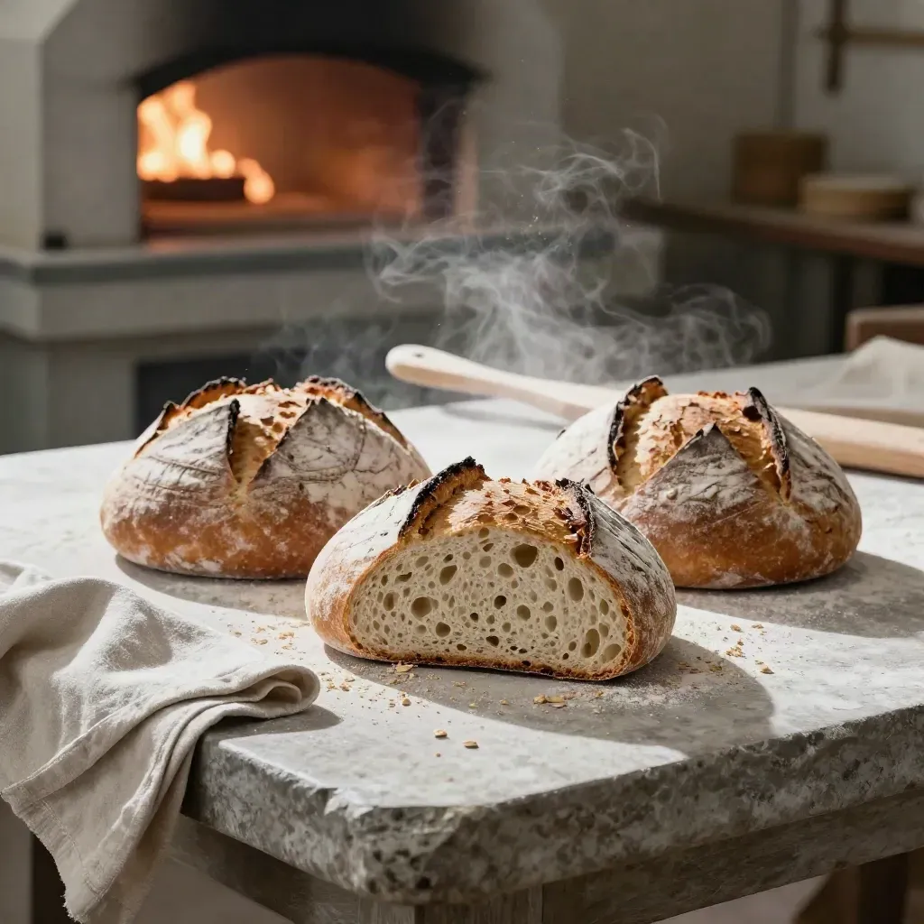 Tre pagnotte rustiche a lievito madre su banco di pietra, una aperta con vapore e pala da forno sullo sfondo.