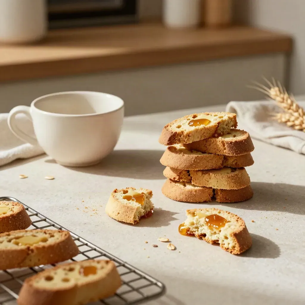 Biscotti al miele e burro su canovaccio, tazza vuota e luce calda da forno.