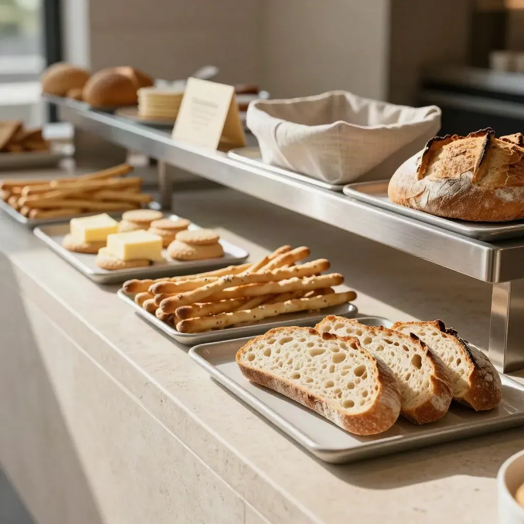 Buffet colazione di hotel con grissini, biscotti e pane fresco su credenza in pietra chiara.