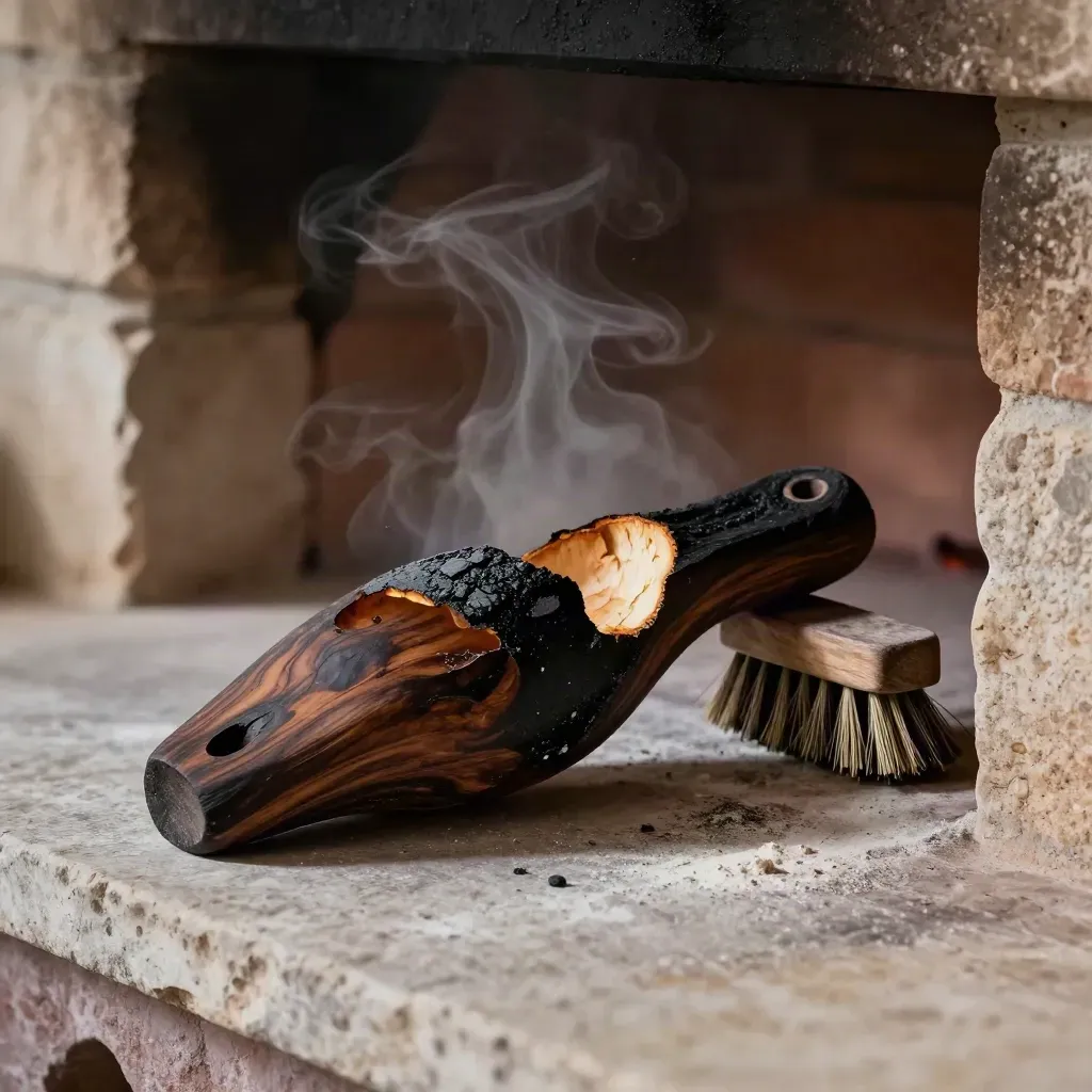 Pala da forno annerita, spazzola rigida e pietra refrattaria accanto alla bocca calda del forno.