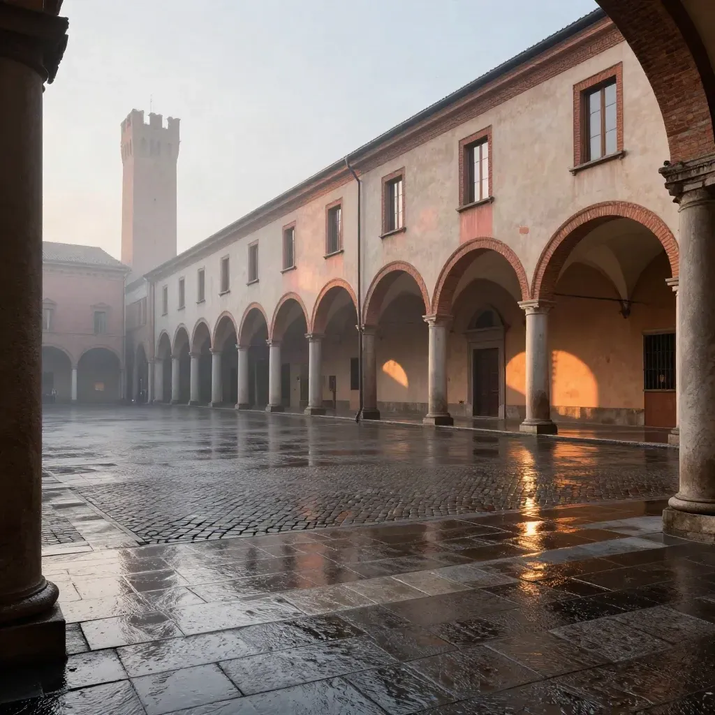 Portici di Bologna all’alba, piazza bagnata e torre lontana tra nebbia e facciate rosate.