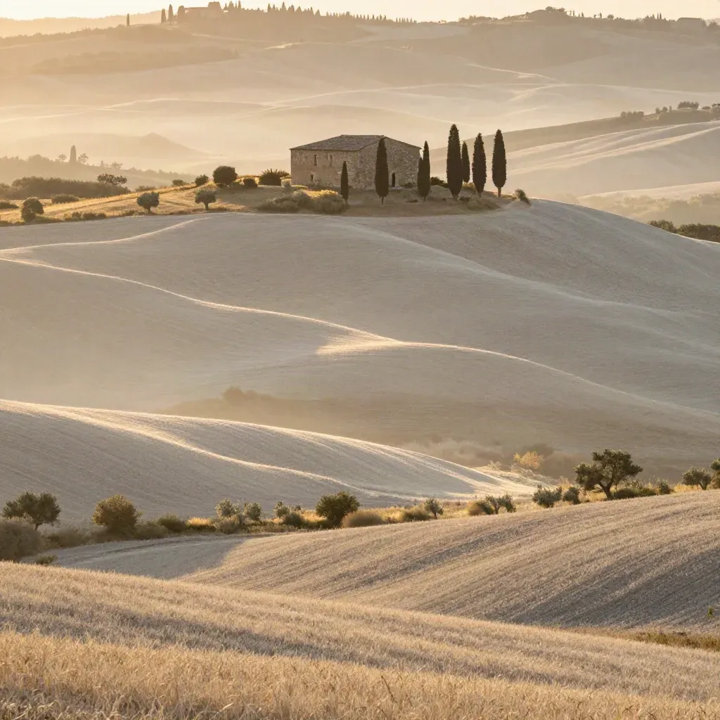Colli della Val d'Orcia al tramonto con casale in pietra e cipressi sulla cresta